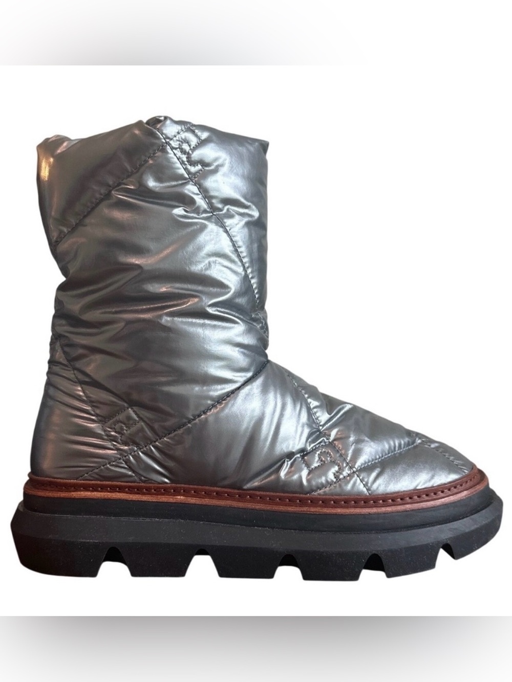 Tory Burch Sleeping Bag Puffer Boots Metallic Silver Lug Sole 8.5